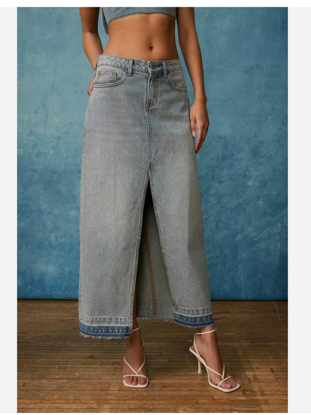 BDG Light Blue High-Waist Denim Maxi Skirt with Front Slit